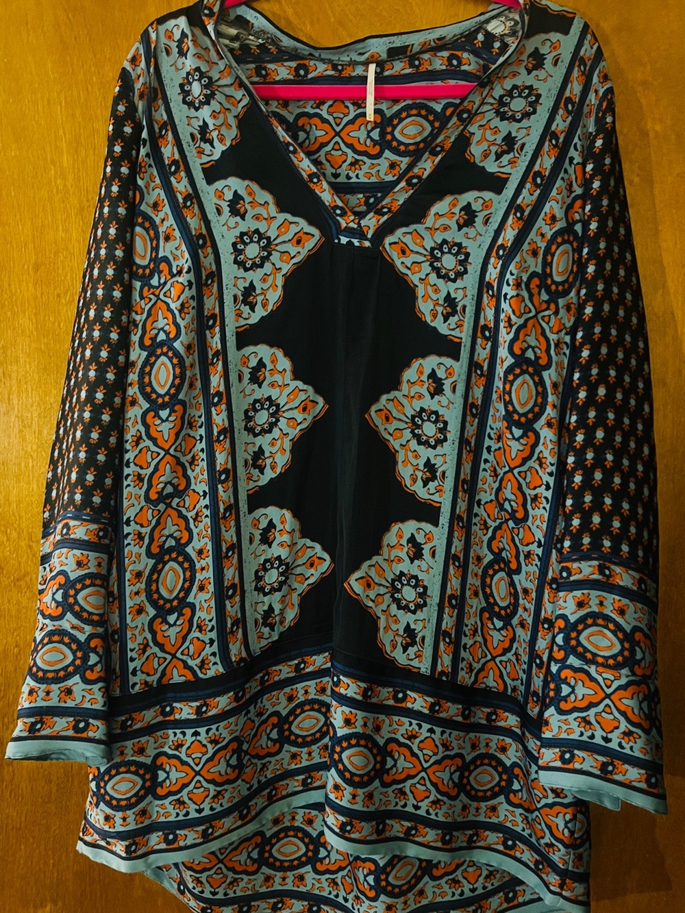 Free People Black Tunic with Aqua and Orange Paisley Motif